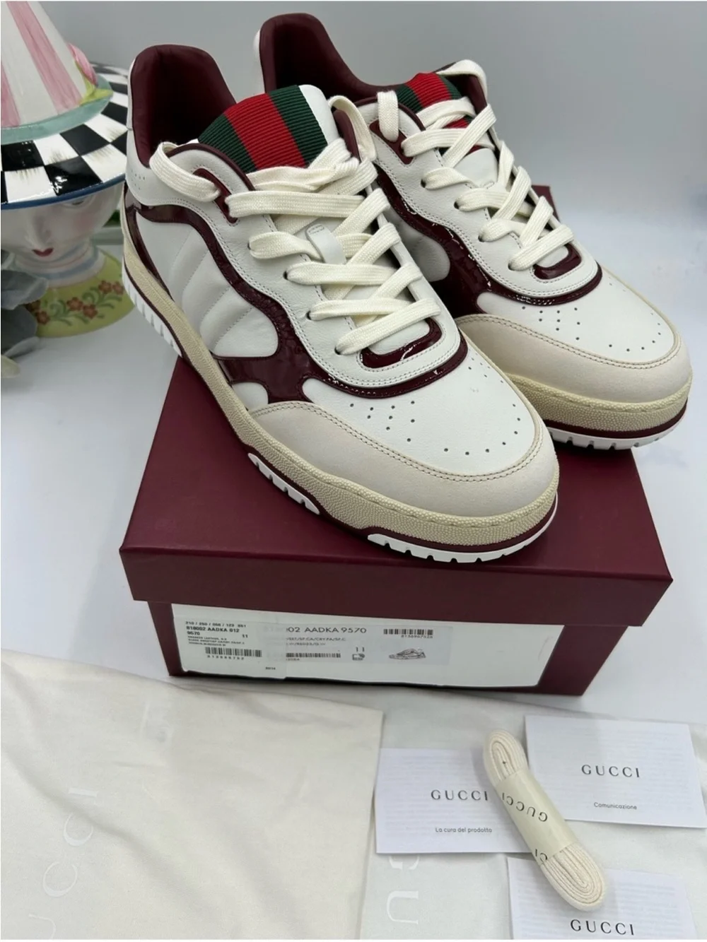 Men’s Gucci, re-web sneakers in white leather/patent trim size 11 fits 12 US